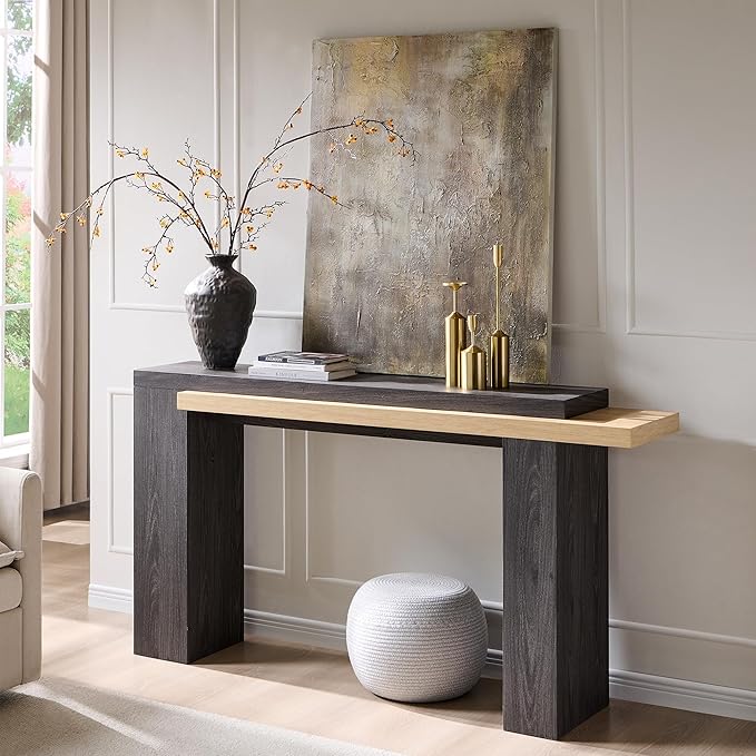 OKD 63 Inch Modern Entryway Console Table, Solid Geometry Accent Sofa Table Behind The Couch, Narrow Console Table for Entryway, Hallway, Living Room, Foyer, Natural Oak with Dark Alder