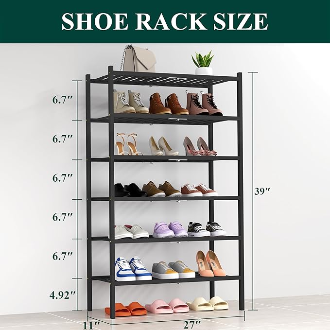 Smiry Shoe Rack, 6 Tier Thick Bamboo Shoe Organizer, Stackable Free Standing Wooden Shoe Storage Shelf for Closet, Entryway, Front Door Entrance, Black