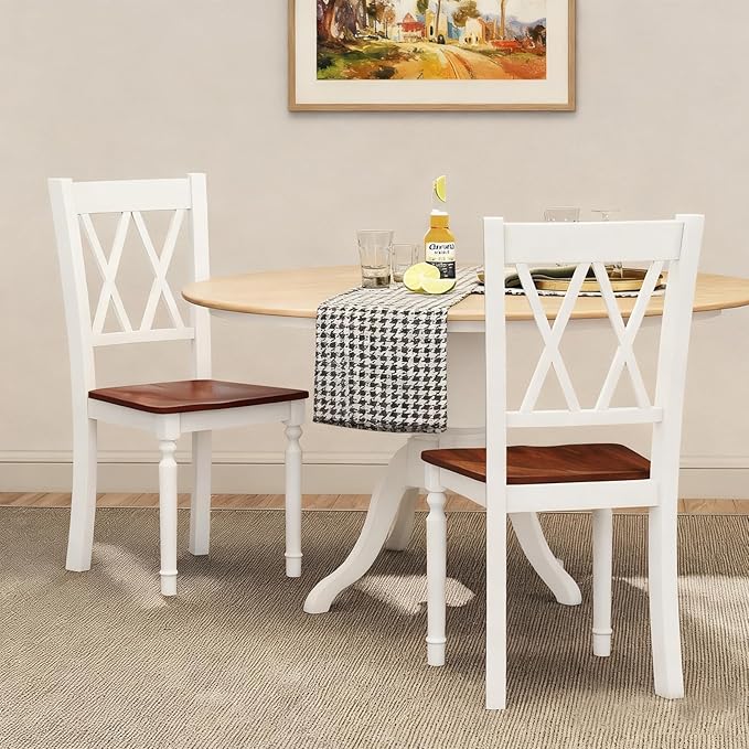 POWERSTONE Wooden Dining Chairs Set of 2, Farmhouse Kitchen Chair with High Backrest, 360 lbs Armless Dinette Seat for Kitchen, Dining Room, Living Room, White and Walnut