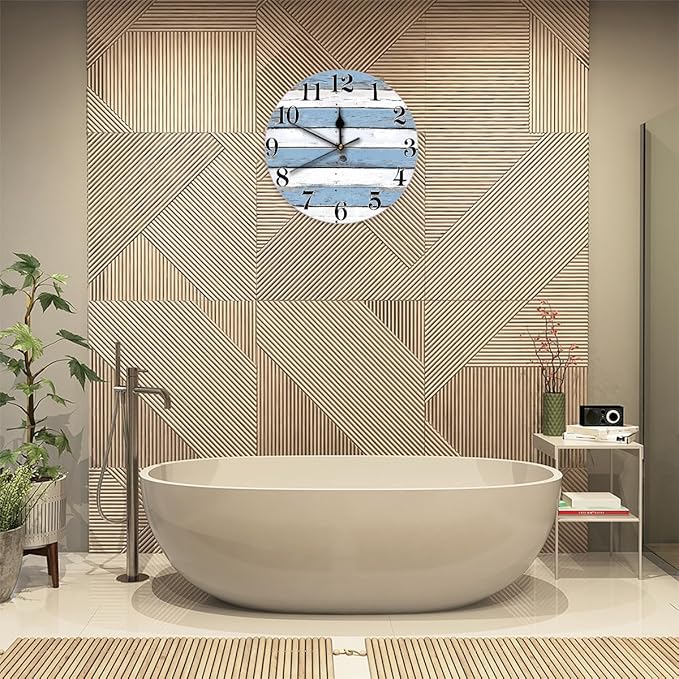 Coastal Country Wooden Wall Clock Battery Operated 10 in Round Wall Clocks Slilent Non Ticking Quartz Analog Clock for Bedroom Kids Living Room Classroom Decor