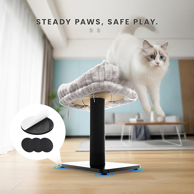 Modern Scratching Post for Indoor Cats - 15” High Cat Scratching Post with Bed Breeds - 15.7” x 11.6” Removable & Washable Cushion (Black Post with Gray Bed)