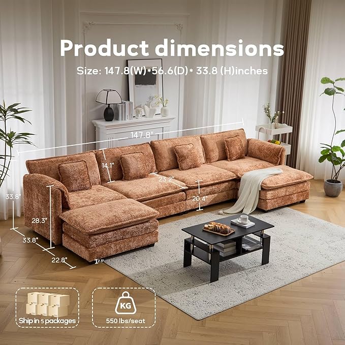 147.8" U Shaped Modular Sectional Sofa, Comfy Cloud Couch with Movable Ottoman, Deep Seat Modular Sofa, Sectional Couches for Living Room, Bedroom, Apartment (Orange)