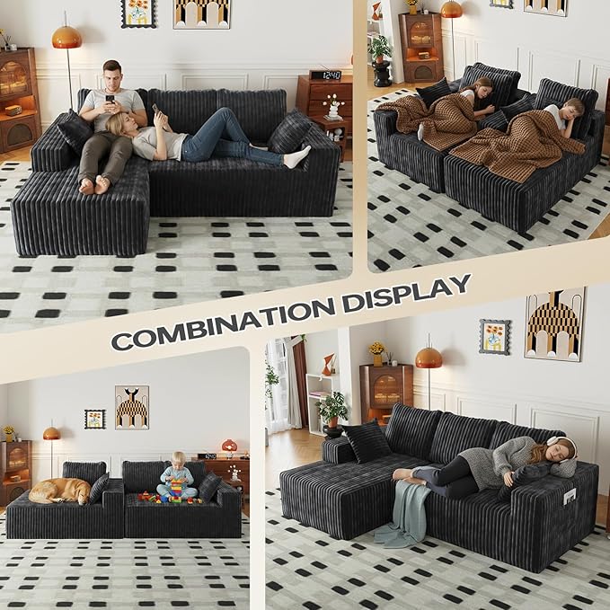 94" Cloud Sectional Couch with L-Shape Chaise,4 Seat Modern Modular Sofa with Side Pockets,Upholstered Couches for Living Room Bedroom, Boneless Couch,No Assembly Required