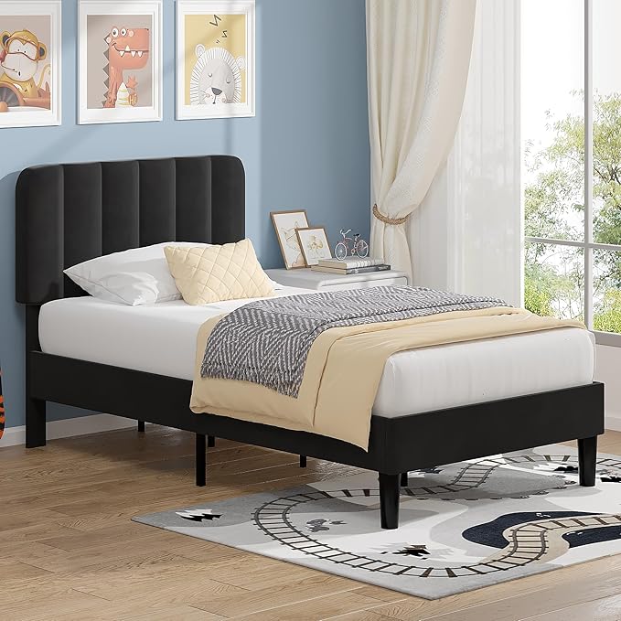 VECELO Twin Size Bed Frame with Upholstered Headboard, Velvet Platform Bedframe Mattress Foundation, Strong Wood Slat Support, No Box Spring Needed,Black