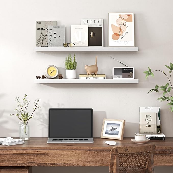 Heimlove Floating Shelves for Wall 32 Inch,Mounted Storage Wood Shelves with Invisible Brackets Hanging Shelf for Bedroom Living Room Kitchen Office,Set of 2,White