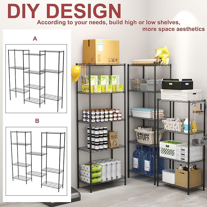 HOMEFORT 5-Shelving Unit, Adjustable Wire Shelving, Metal Wire Shelf Rack Organizer for Kitchen, Pantry, Closet, Bathroom, Laundry, Black,21" W x 11" D x 53" H