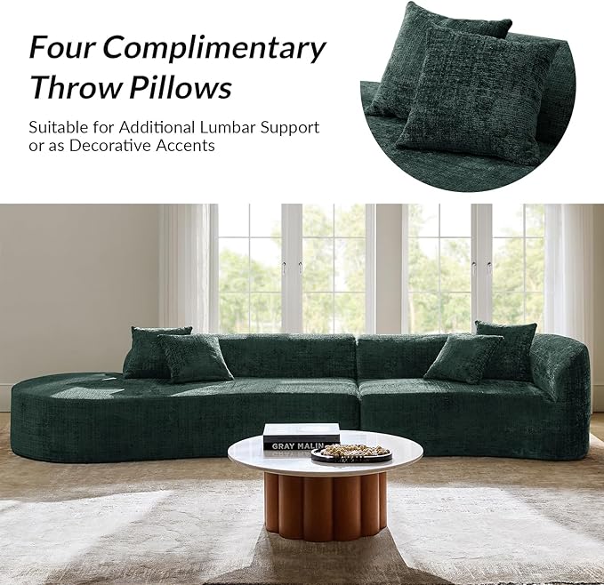 141.75" Oversized Boneless Sectional Sofa with 4 Pillows, Modern Curved Design All-Foam Cushion, No Assembly Required Large Floor Cloud Couch for Living Room, Olive