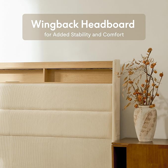 FLEXISPOT King Platform Bed Frame with 51" Tall Upholstered Corduroy Headboard, Two-Tier Storage Shelves, LED Light & Charging Station, Remote Pocket, No Box Spring Needed,1100Ibs Heavy-Duty, Beige