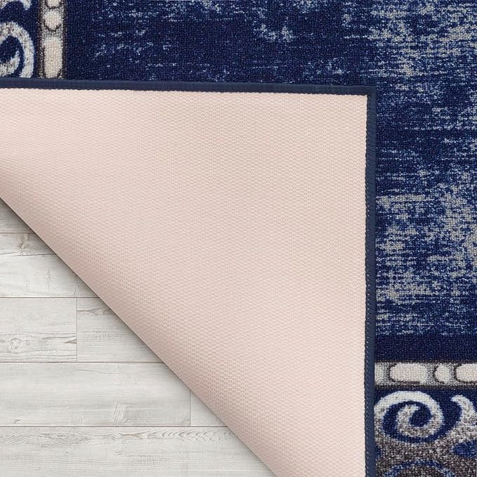 Antep Rugs Alfombras Bordered Modern 8x10 Non-Slip (Non-Skid) Low Pile Rubber Backing Indoor Area Rug (Navy, 7'10" x 10')