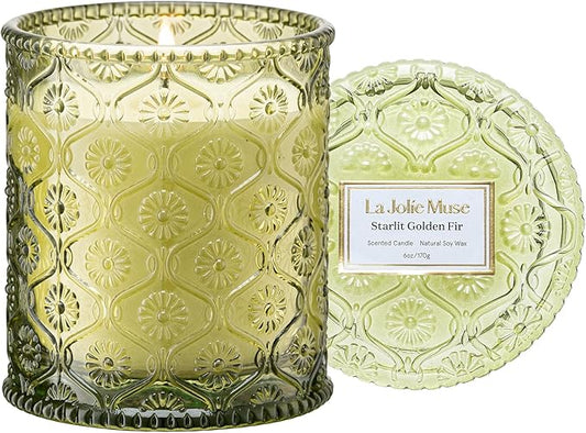 LA JOLIE MUSE Christmas Candle | Starlit Golden Fir | Cedarwood, Patchouli & Fir Balsam | 6 oz Soy Wax | 40 Hours Clean Burn | Christmas Gift for Women & Family