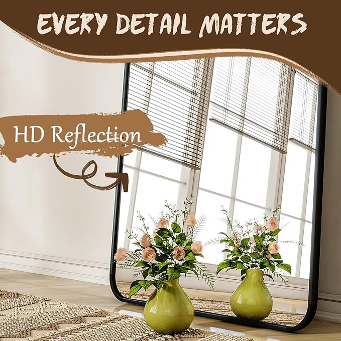 56"x21" Floor Full Length Mirror Standing Full Body Rounded Corner Rectangle Mirrors with Stand Hanging Wall Mounted Leaning Bedroom Living Room Bedroom Cloakroom,Black