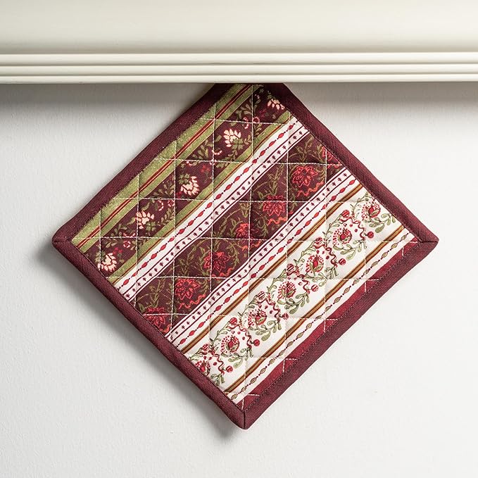 Maison d' Hermine 100% Cotton Oven Mitt & Pot Holder Set (7.5"x13" & 8"x8") Heat Resistant BBQ Cooking Gloves with Loop for Thanksgiving Christmas Decorations Handling Hot Pans (Reveillon Au Jardin)