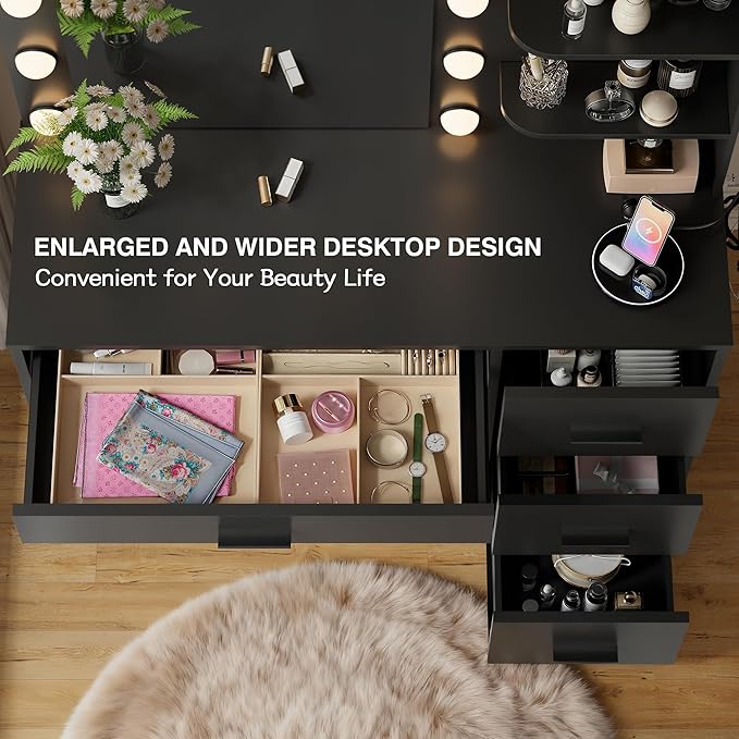 YESHOMY Vanity Desk with Mirror, 10 Lights, Power Outlet and 3 Storage Shelves, Makeup Table with 4 Drawers, 3 Color Modes, for Bedroom, Pure Black