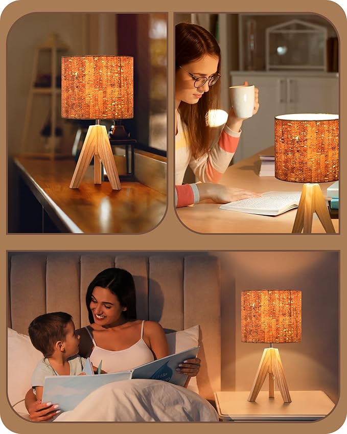 EDISHINE Small Table Lamp, Wooden Tripod Nightstand Lamp with Bark Linen Shade, Farmhouse Bedside Lamp for Nursery, Bedroom, Kids Room, Office, Reading Desk, 14.2 Inch, E26 Socket, ON/Off Switch