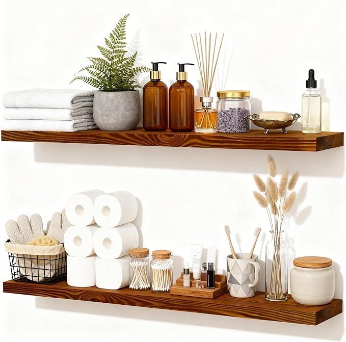 foxsky 48 Inch Solid Pine Wood Floating Shelves for Wall with Hidden Brackets, Rustic Farmhouse Wall Mounted Shelf for Bathroom, Living Room, Bedroom, Kitchen, Office Decor (Honey Oak)