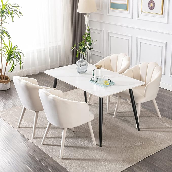 Velvet Dining Chairs Set of 2 Modern Living Room Chairs with Petal Back & Wood Legs Comfy Upholstered Side Chair for Dining Room/Bedroom/Vanity, Cream