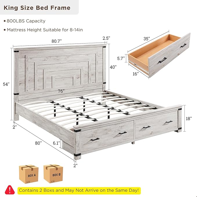 T4TREAM Farmhouse King Size Bed Frame with 54" Tall Geometric Headboard & 2 Large Storage Drawers, Rustic Wood Platform Bed with Wood Slats Support, No Box Spring Needed, Antique Brushed White