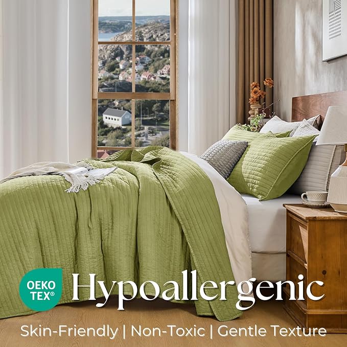 DOWN HOME Queen Quilt Bedding Set with Shams, Vintage Washed Soft Quilted Blanket Thin Comforter Lightweight Bedspread Coverlet Bed Cover, Brushed Microfiber Stripe Stitching, Golden Olive, 86"x90"