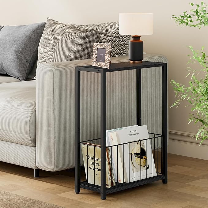 Narrow Side Table with Magazine Holder, Skinny End Table Perfect for Small Spaces, Space-Saving Design for Living Room, Bedroom, or Office, 7.1" D x 16.9" W x 23.6" H, Black