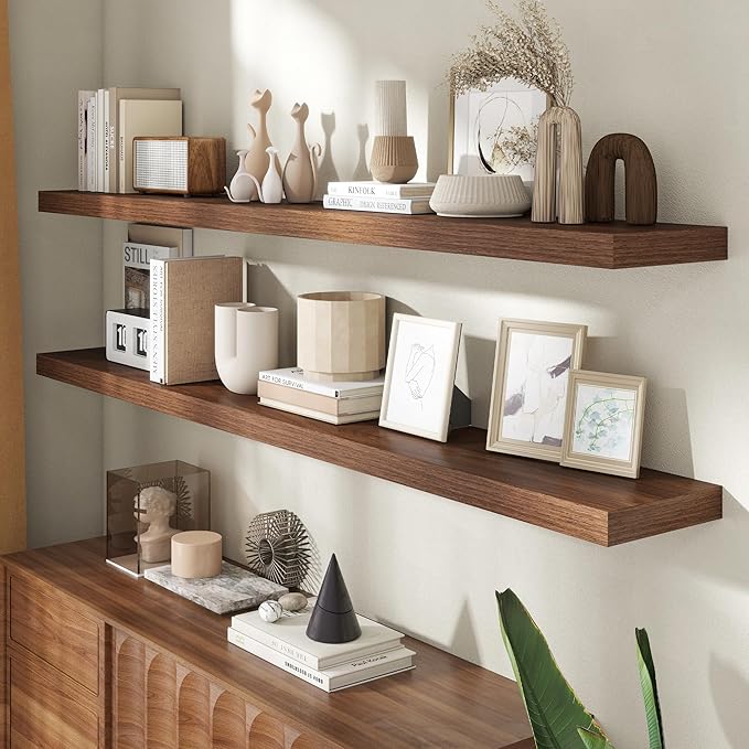 72 Inch Floating Shelves for Wall, 8 Inch Deep Floating Shelf for Storage & Display, Rustic Wall Mounted Shelf with Invisible Brackets for Living Room, Kitchen, Bathroom, Home Decor, Set of 2, Walnut