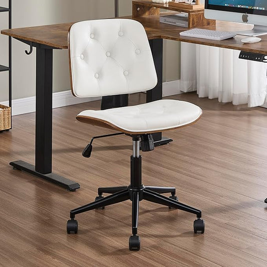 Small Home Office Chair - Armless Mid Back Desk Chair with 360° Swivel and Wheels, PU Upholstered Height Adjustable Modern Walnut Computer Chair for Home, Office Meeting Room - White