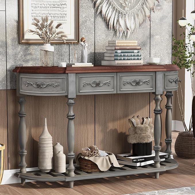 HMFULE Retro Curved Console Table, 52" Solid Wood Half Moon Sofa Table Entryway Table with 4 Drawers 1 Open Shelf for Living Room,Entryway,Hallway,Grey
