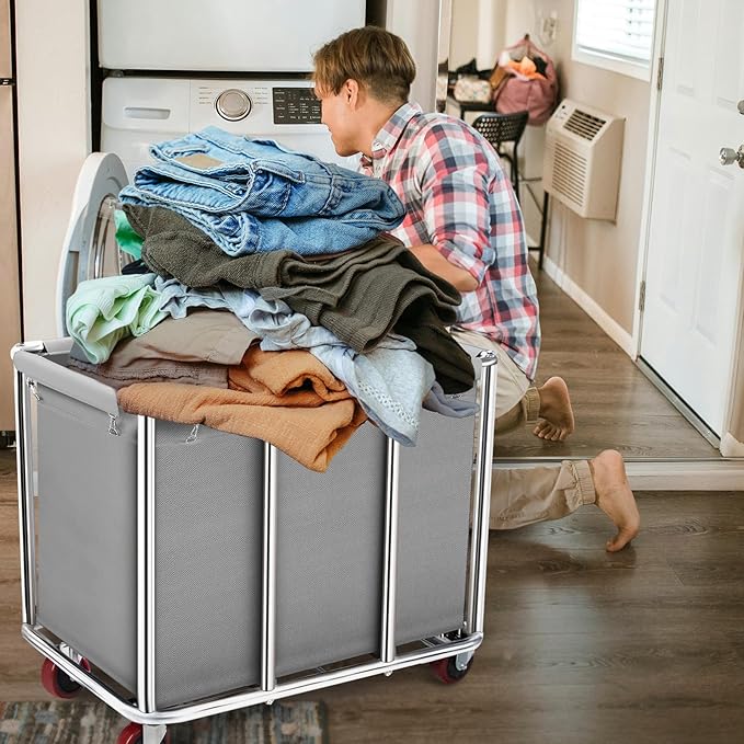 Commercial Laundry Cart on Wheels, 11.35 Bushels Large Roller with Removable Waterproof Canvas Lined Basket, Heavy Duty Stainless Steel for Hotels and Hospitals
