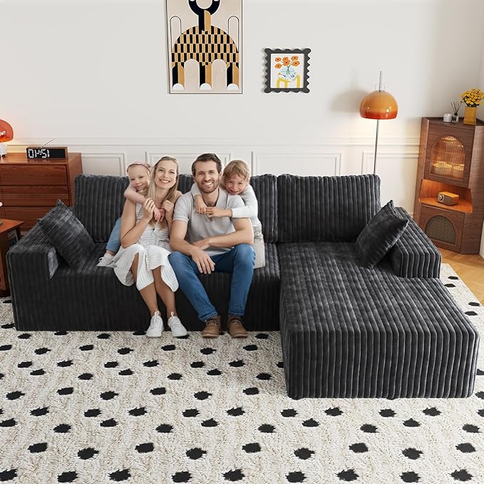 108" Sectional Couches for Living Room, Modular Sectional Sofa with L-Shape Chaise, Boneless Couch, Comfy Corduroy Fluffy Couch with Deep Seat and Side Pockets, No Assembly Required