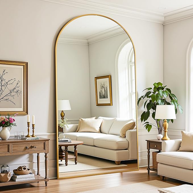 Full Length Mirror, 81"x41" Oversized Floor Mirror Freestanding, Full Body Mirror Floor Standing Mirrors with Stand, Hanging Mounted Mirrors for Bedroom Living Room, Gold, Arched Style
