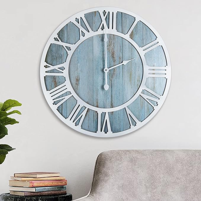1st owned Wall Clocks for Living Room Decor,24" Vintage,Round Silent Non Ticking,Black Metal,Modern Wood Clocks for Home Bedroom,Kitchen,Garden,Office,Cafe,Modern Wall Decoration -Roman Numerals