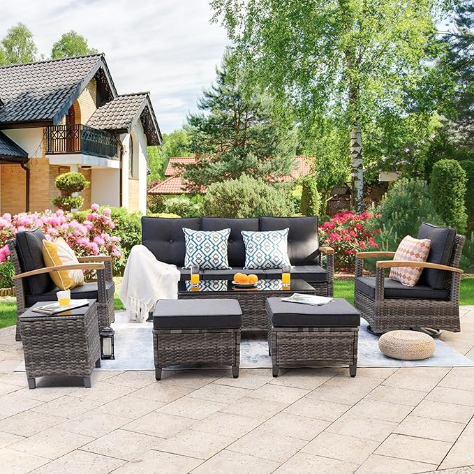 MEISSALIVVE 7 Pieces Patio Furniture Sets,PE Wicker Outdoor Conversation Sets with 2 Wood Armrests Swivel Rocker Chairs, 2 Ottoman, 3-seat Sofa and Coffee Table(Grey)