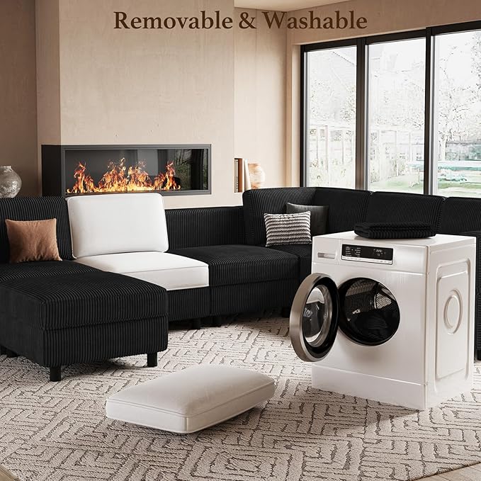 114.2" 8 Seat Modular Sectional Sofa with Deep Storage Seat, Comfy Corduroy Sectional Couch Convertible Modular Sleeper Sofa Couch with Movable Ottoman Chaise, Black