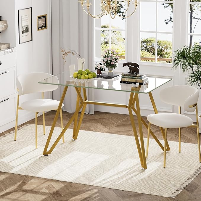 47.3" Glass Dining Table Modern Kitchen Table for 4 People Rectangular Dining Room Dinner Tables with Clear Glass Top & Gold Metal Legs for Kitchen Apartment