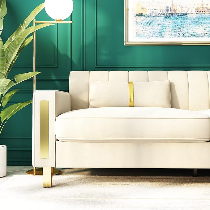 Couch 85.62" 3 Seats Sectional Velvet Fabric Sofa Easy Assemble Sofa Bed with 2 Couch Pillows,Gold Metal Legs for Living Room (P17, Beige)