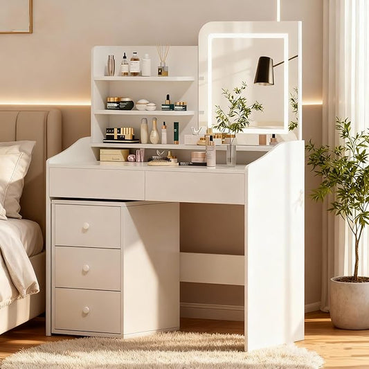 White Makeup Vanity Desk with LED Mirror & Movable Storage Cabinet, 3-Tier Open Shelves, 5 Drawers, Adjustable 3-Color Lighting for Bedroom