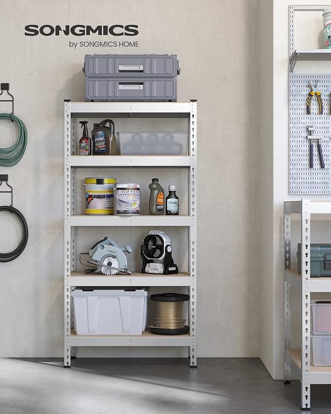 SONGMICS 5-Tier Storage Shelves, Load 2310 lb, Garage Storage, Boltless Assembly, Adjustable Shelving Unit, 17.7 x 35.4 x 70.9 Inches, for Study Shed Basement, Silver and Natural Beige UGLR450E01