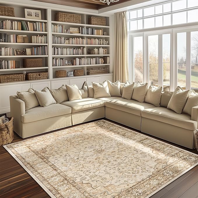 10x14 Area Rugs for Large Living Room Washable Soft Boho Vintage Floral Stain Resistant Indoor Floor Carpet Rug Low Pile Accent Rugs for Bedroom Family Room Nursery Dorm Office Dining Room,Beige