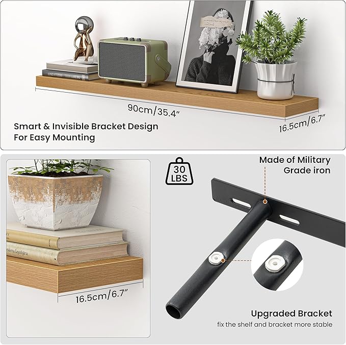 Heimlove 36 Inch Floating Shelves for Wall,Mounted Storage & Display Wood Shelves with Invisible Brackets,Hanging Shelf for Bedroom Living Room Kitchen Office,Set of 2,Oak Color