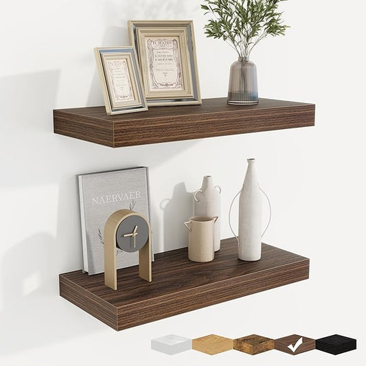 fuqing Floating Shelves for Wall, Wall Mounted Wood Floating Shelf with Invisible Brackets for Living Room, Bathroom, Bedroom, Kitchen Storage and Decor, 16 Inch Set of 2, Walnut