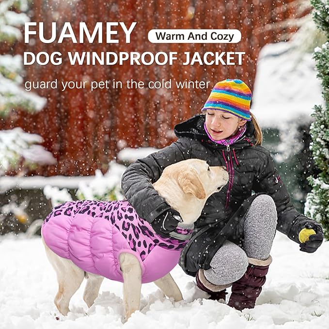FUAMEY Dog Coat for Small Dogs,Waterproof Dog Winter Jacket with Harness Built in Puppy Cold Weather Coats Reflective Pet Vest with Zipper Warm Fleece Dogs Snowsuit Windproof Pink Leopard S