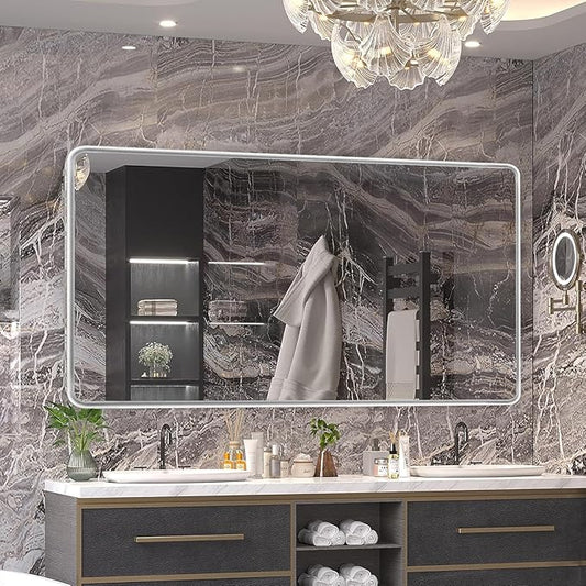 Silver Framed Mirrors for Bathroom,72 x 36 Inch Rounded Conner Rectangle Mirror for Wall, Matte Silver Vanity Mirror with Tempered Glass,Hangs Horizontally or Vertically