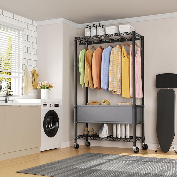 Clothes Rack,Heavy Duty Garment Rack 3 Tier Adjustable With Removable Clothe Basket,Wheels Free Standing Rolling Wire Shelving Clothing Racks for Hanging Clothes Metal Portable Closet