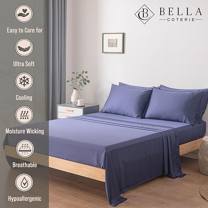 Bella Coterie 6 Piece Luxury Bamboo Viscose Split Top King Size Sheet Set | 34" Split for Adjustable Beds | 100% Organically Grown| Cooling | 18” Deep Pocket | 4 Pillowcases [Twilight Blue]