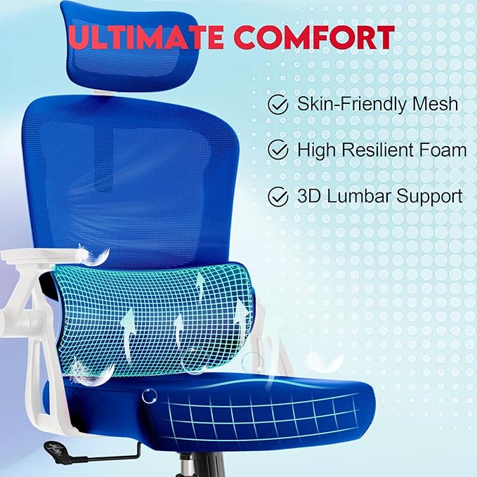 Ergonomic Office Chair - 400LB Comfy Desk Chairs with Adjustable Headrest and Lumbar Back Support, Mesh Computer Chairs with Wheels and Arms for Home Office, Study, Bedroom and Dorm (01blue)
