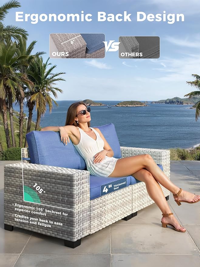 13 Piece Outdoor Wicker Rattan Sectional Sofa Set with Swivel Chairs & Fire Pit Table, 9-Seats with 4" Thickened Cushions & Coffee Table, All-Weather PE Rattan for Garden, Backyard, Porch, Blue