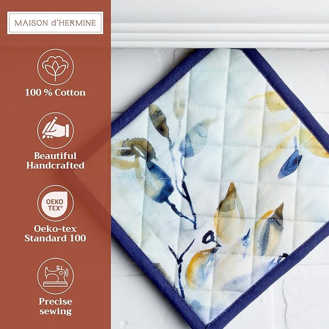 Maison d' Hermine Pot Holders 100% Cotton Heat Resistant Potholders 8" x 8" Hot Pads with Loop BBQ, Cooking, Baking, Grilling, Kitchen, Handling Hot Pans Spring/Summer (Pack of 1, Lazy Summer Days)