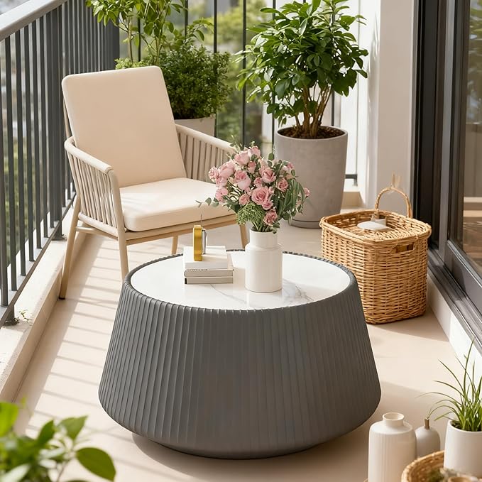 Round Coffee Table Set with Sintered Stone Tabletop, 26.77" Grey Drum Center Table and 19.68" White Coffee Table Set, 2 Pieces Living Room Table Set with Fluted PU Leather Cover& Stable Base