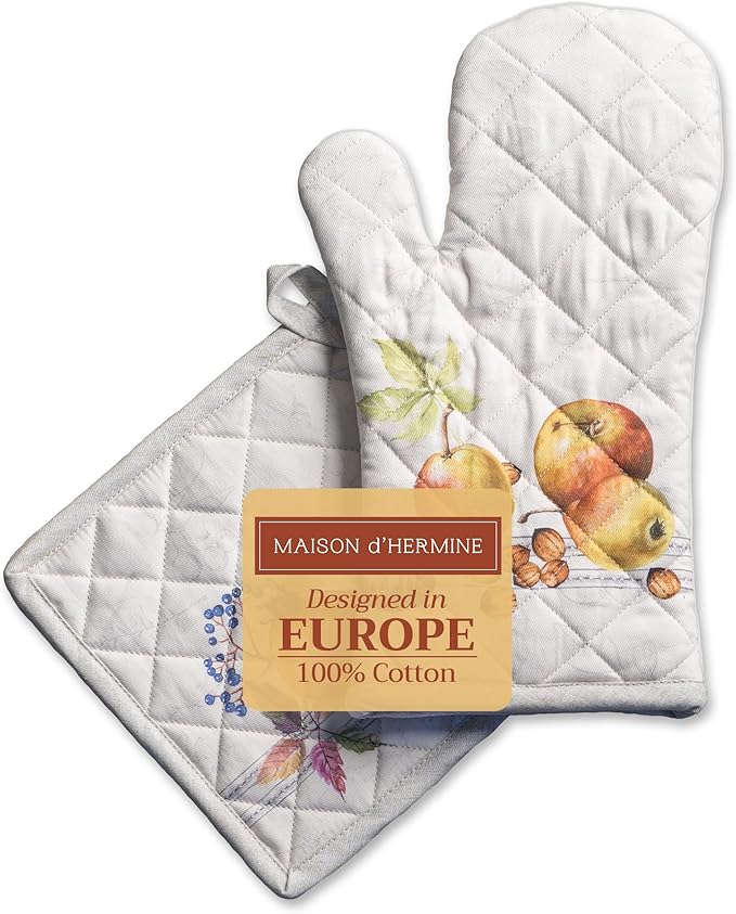 Maison d' Hermine 100% Cotton Oven Mitt & Pot Holder Set (7.5"x13" & 8"x8") Heat Resistant BBQ Cooking Gloves with Loop for Thanksgiving Christmas Decorations Handling Hot Pans (Fruit D'Hiver)