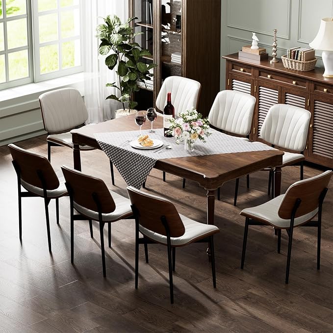 Dining Chairs Set of 8, Dining Room and Kitchen Chairs, Mid Century Modern Accent Chair, Upholstered PU Leather Chairs for Vanity with Walnut Bentwood and Metal Legs, Beige