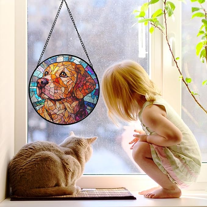 Stained Glass Window Hanging, Cute Dog Abstract Sun Catchers Colorful Glass Panel Texture Suncatcher Decor for Birthday for Women, Men, Wife, Aunt, and Mom 11.8x11.8 in